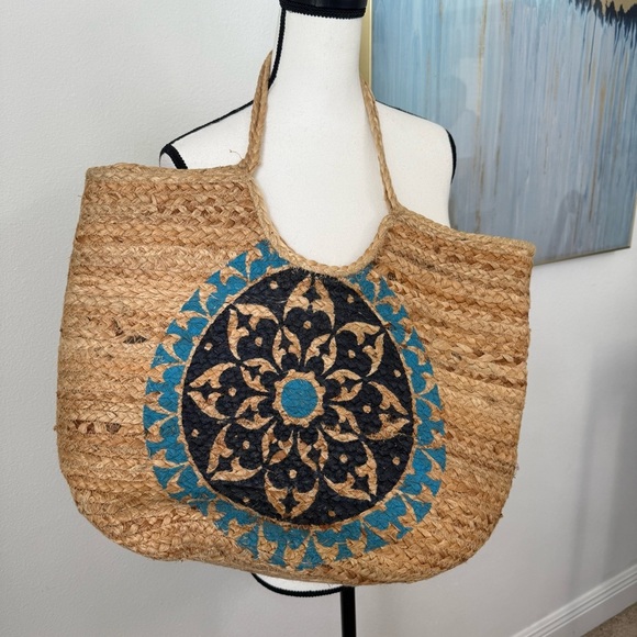 Anthropologie Handbags - Anthropologie Antik Kraft Blue Medallion Jute Tote Bag Floral Print summer beach